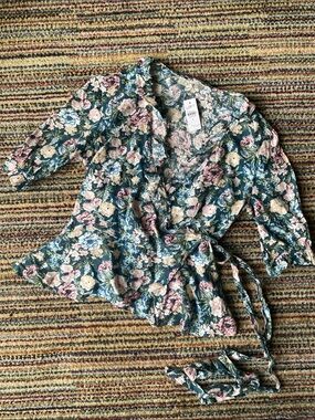LOFT Green Floral Peplum Wrap Top with Ruffle Trim M